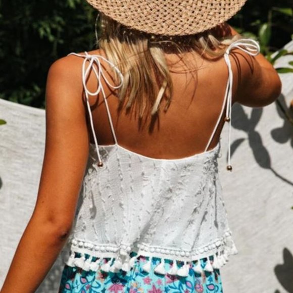 Boho White Flowy Tank Top Fringe Tassels - Picture 4 of 5